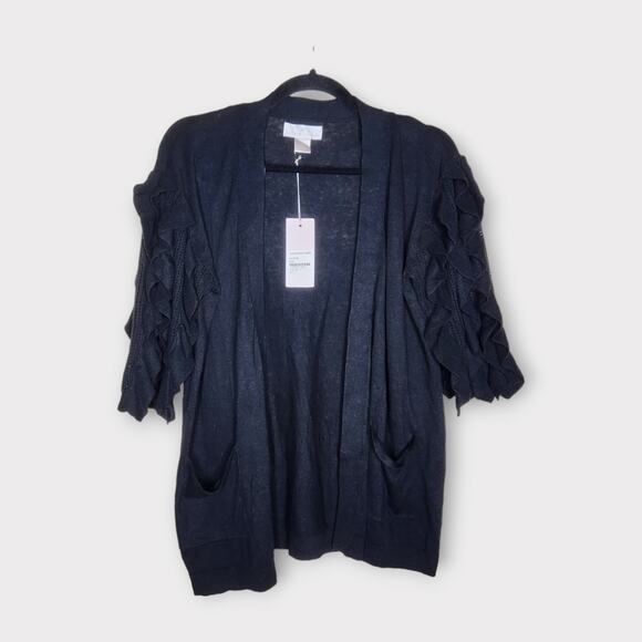 NEW Rachel Parcell Black Ruffle Sleeve Open Front Cardigan Women's Small - Picture 2 of 8
